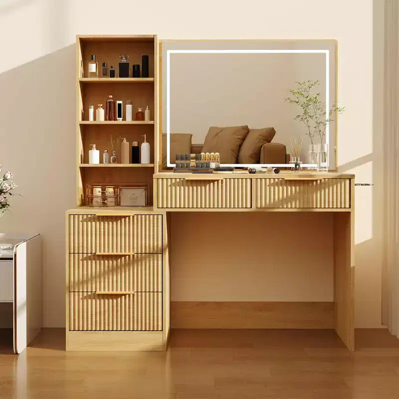 Coiffeuse GustoWave avec miroir, 5 tiroirs, plateau en verre, support pour sèche-cheveux, table de maquillage texturée en forme de vague pour chambre à coucher
