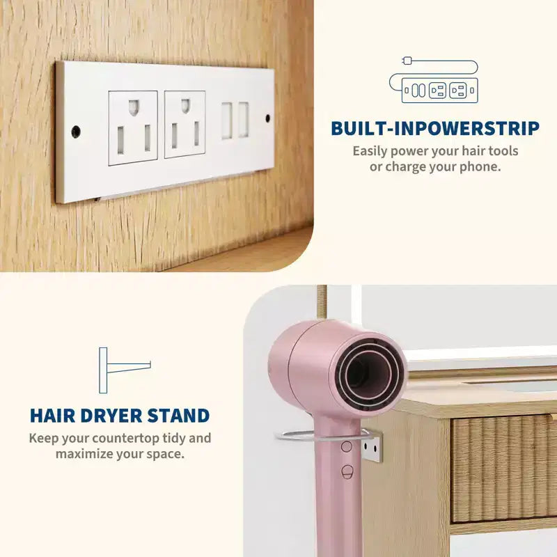 Coiffeuse GustoWave avec miroir, 5 tiroirs, plateau en verre, support pour sèche-cheveux, table de maquillage texturée en forme de vague pour chambre à coucher