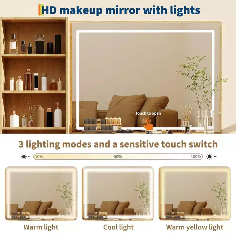 Coiffeuse GustoWave avec miroir, 5 tiroirs, plateau en verre, support pour sèche-cheveux, table de maquillage texturée en forme de vague pour chambre à coucher