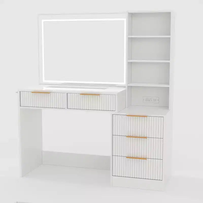 Coiffeuse GustoWave avec miroir, 5 tiroirs, plateau en verre, support pour sèche-cheveux, table de maquillage texturée en forme de vague pour chambre à coucher