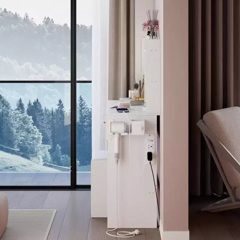 Coiffeuse de luxe de 17 pouces avec armoire-miroir pleine longueur et lumières, rangement, prise électrique intégrée, support pour sèche-cheveux et tabouret