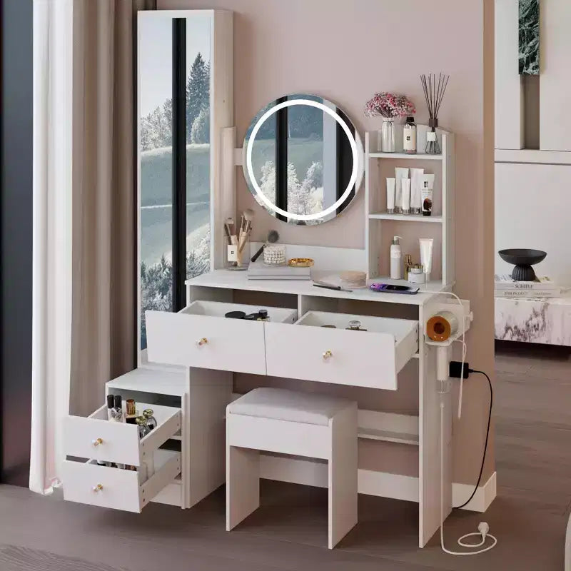 Coiffeuse de luxe de 17 pouces avec armoire-miroir pleine longueur et lumières, rangement, prise électrique intégrée, support pour sèche-cheveux et tabouret