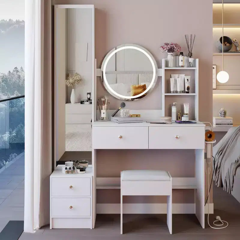 Coiffeuse de luxe de 17 pouces avec armoire-miroir pleine longueur et lumières, rangement, prise électrique intégrée, support pour sèche-cheveux et tabouret