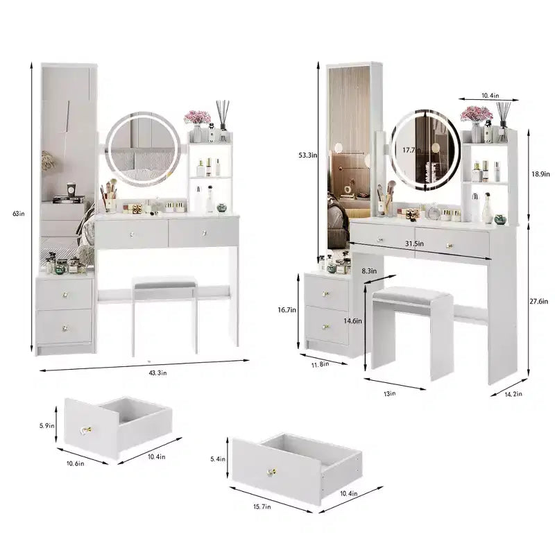 Coiffeuse de luxe de 17 pouces avec armoire-miroir pleine longueur et lumières, rangement, prise électrique intégrée, support pour sèche-cheveux et tabouret