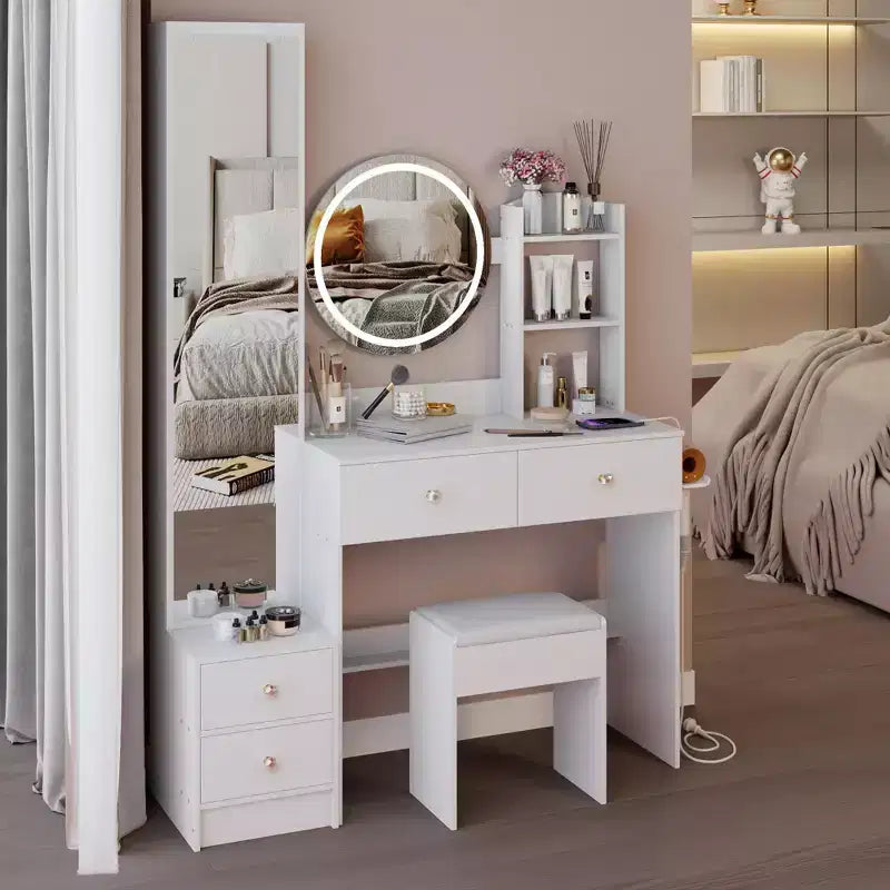 Coiffeuse de luxe de 17 pouces avec armoire-miroir pleine longueur et lumières, rangement, prise électrique intégrée, support pour sèche-cheveux et tabouret