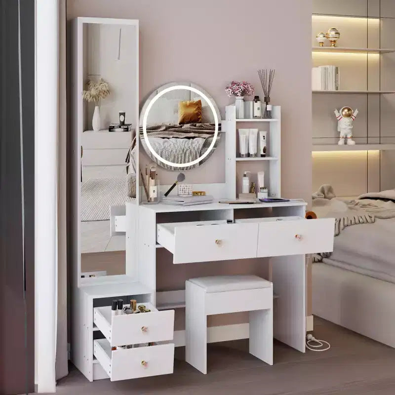 Coiffeuse de luxe de 17 pouces avec armoire-miroir pleine longueur et lumières, rangement, prise électrique intégrée, support pour sèche-cheveux et tabouret