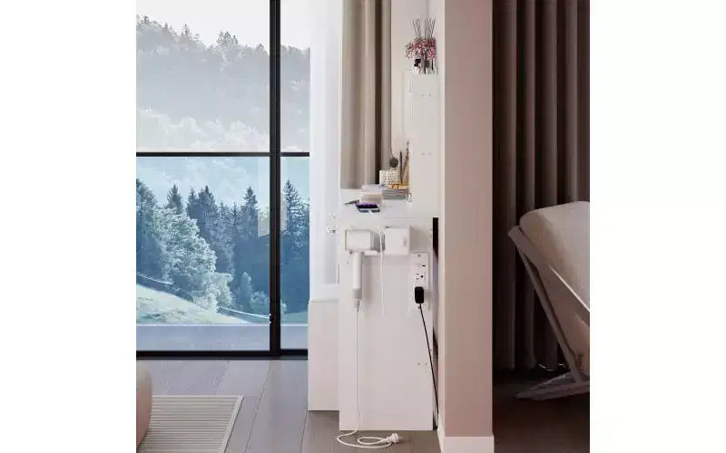 Coiffeuse de luxe de 17 pouces avec armoire-miroir pleine longueur et lumières, rangement, prise électrique intégrée, support pour sèche-cheveux et tabouret