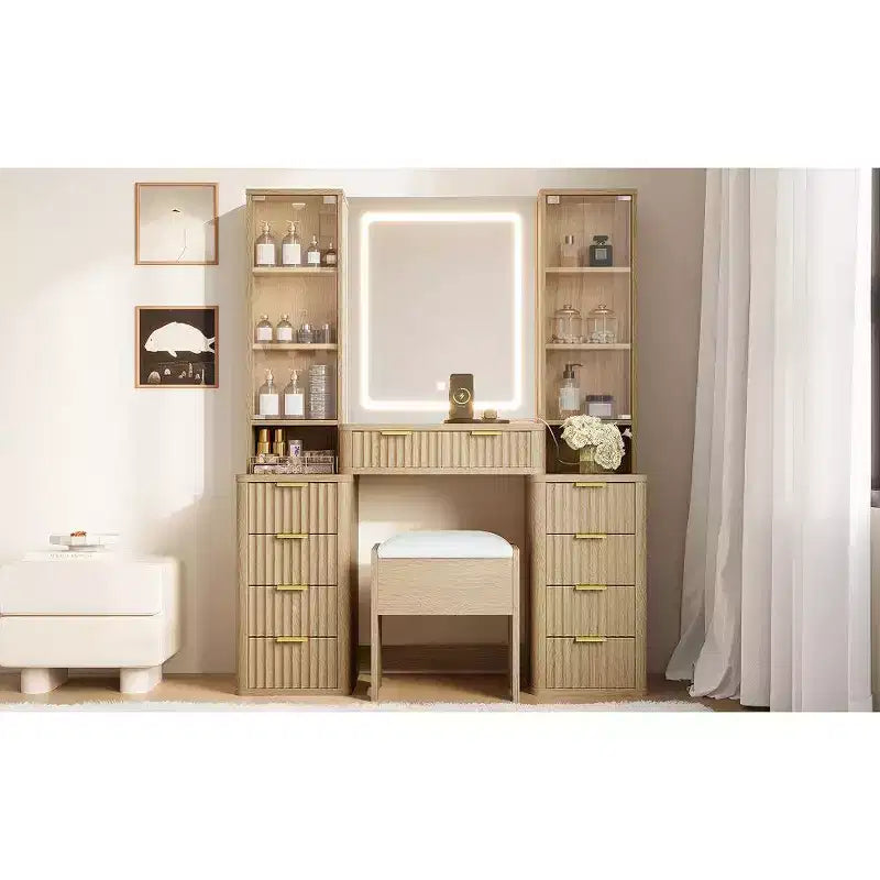 Coiffeuse de luxe de 17 pouces avec armoire-miroir pleine longueur et lumières, rangement, prise électrique intégrée, support pour sèche-cheveux et tabouret