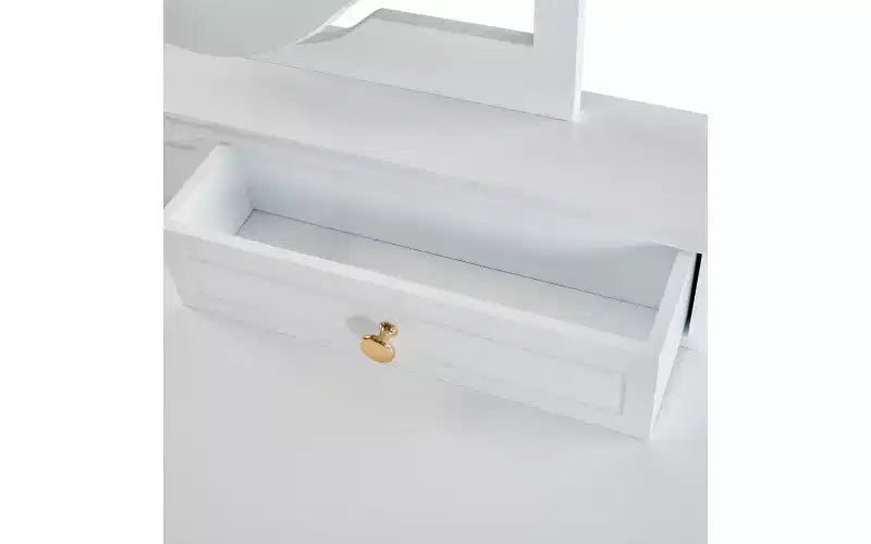 Coiffeuse de luxe avec miroir réversible, 5 tiroirs, tabouret assorti pour petits espaces, finition blanche, design compact