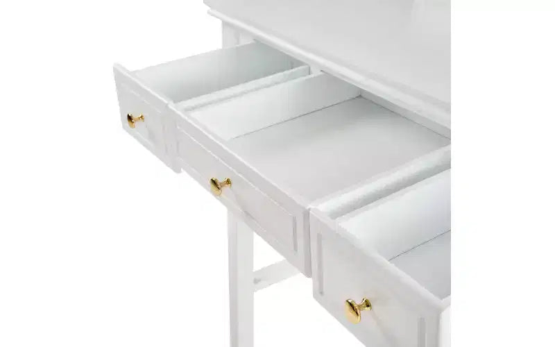 Coiffeuse de luxe avec miroir réversible, 5 tiroirs, tabouret assorti pour petits espaces, finition blanche, design compact