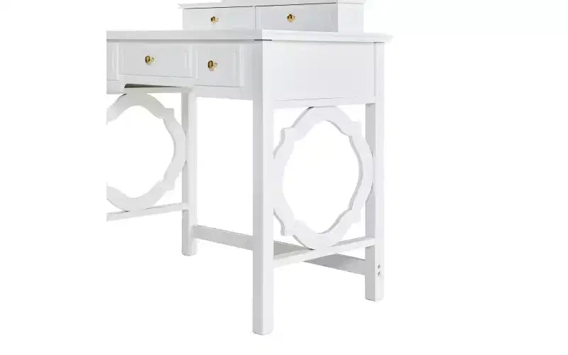 Coiffeuse de luxe avec miroir réversible, 5 tiroirs, tabouret assorti pour petits espaces, finition blanche, design compact