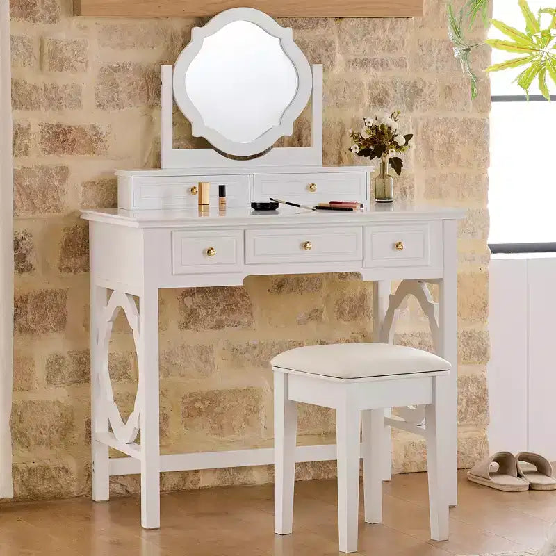 Coiffeuse de luxe avec miroir réversible, 5 tiroirs, tabouret assorti pour petits espaces, finition blanche, design compact