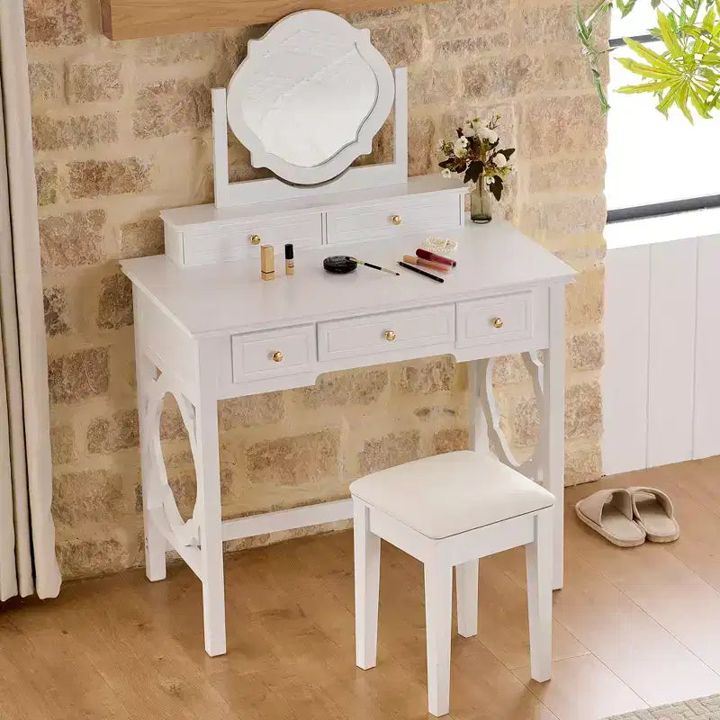 Coiffeuse de luxe avec miroir réversible, 5 tiroirs, tabouret assorti pour petits espaces, finition blanche, design compact