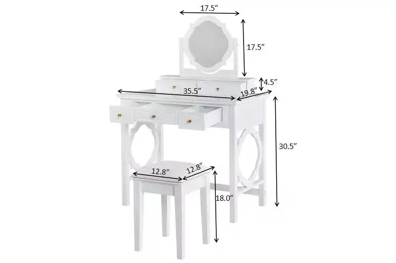 Coiffeuse de luxe avec miroir réversible, 5 tiroirs, tabouret assorti pour petits espaces, finition blanche, design compact