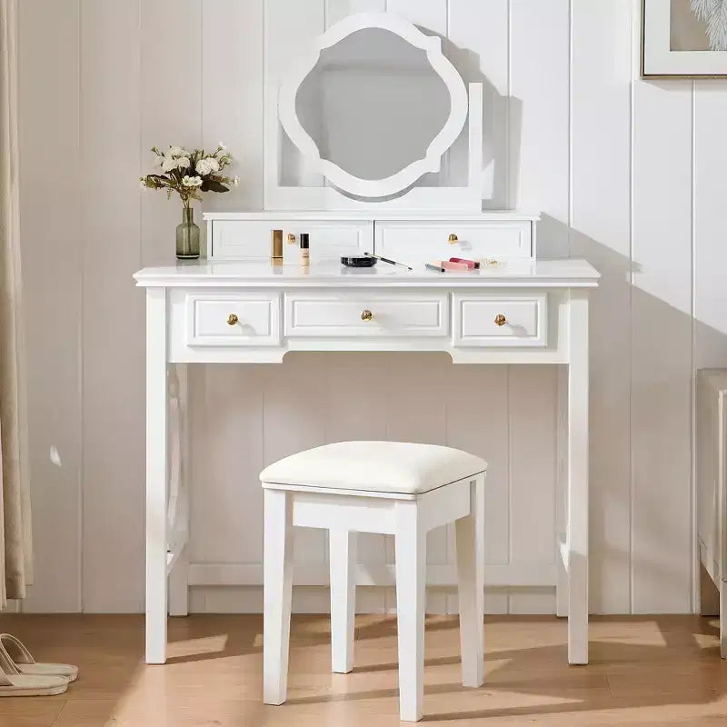 Coiffeuse de luxe avec miroir réversible, 5 tiroirs, tabouret assorti pour petits espaces, finition blanche, design compact