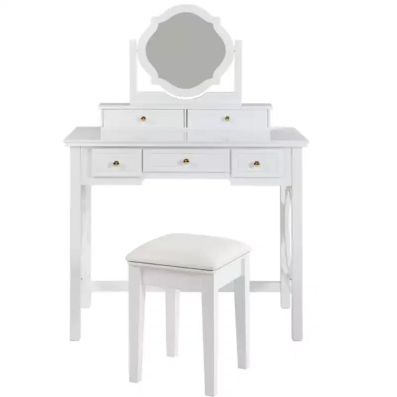 Coiffeuse de luxe avec miroir réversible, 5 tiroirs, tabouret assorti pour petits espaces, finition blanche, design compact