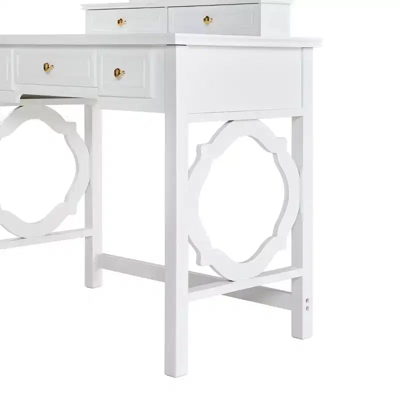 Coiffeuse de luxe avec miroir réversible, 5 tiroirs, tabouret assorti pour petits espaces, finition blanche, design compact