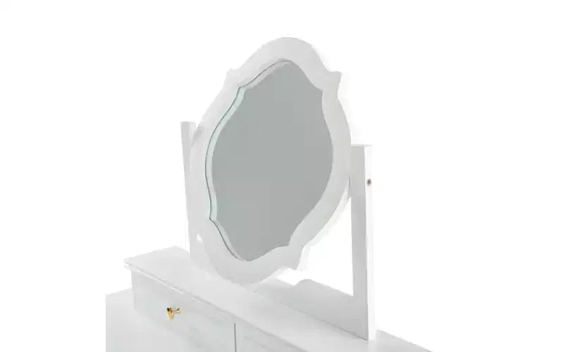 Coiffeuse de luxe avec miroir réversible, 5 tiroirs, tabouret assorti pour petits espaces, finition blanche, design compact