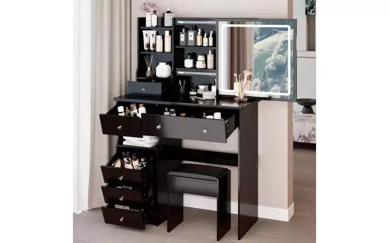 Coiffeuse de 37 pouces avec miroir et lumières, rangement organisé, tabouret assorti pour chambre à coucher, éclairage réglable (dimmable)