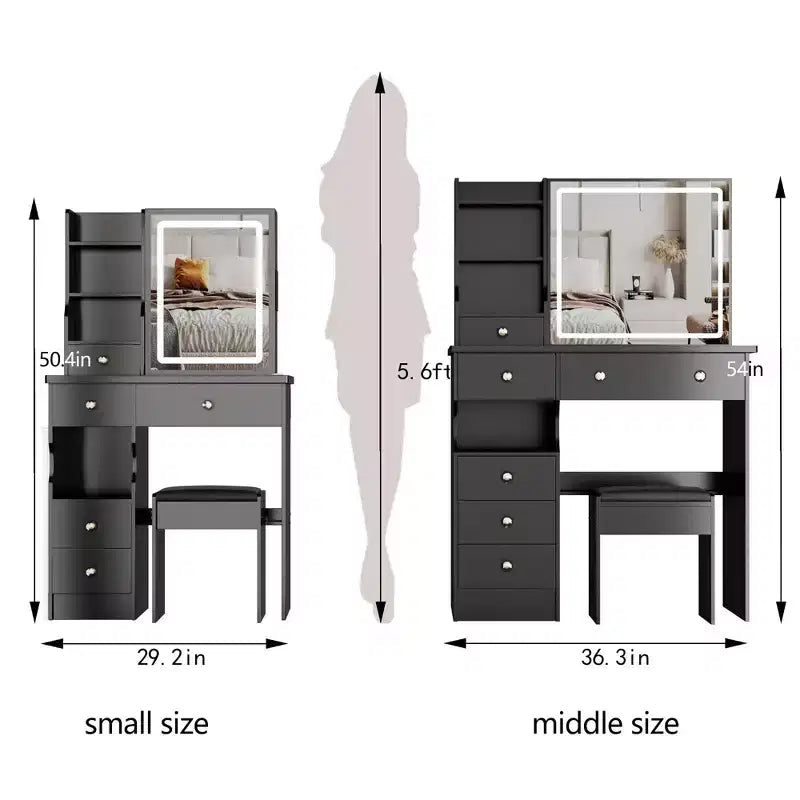 Coiffeuse de 37 pouces avec miroir et lumières, rangement organisé, tabouret assorti pour chambre à coucher, éclairage réglable (dimmable)