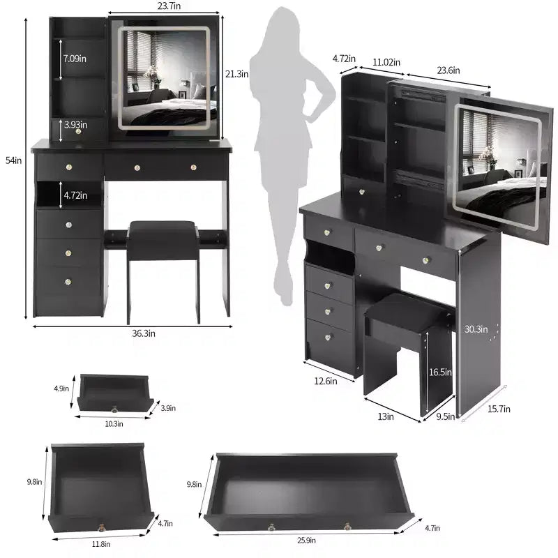 Coiffeuse de 37 pouces avec miroir et lumières, rangement organisé, tabouret assorti pour chambre à coucher, éclairage réglable (dimmable)
