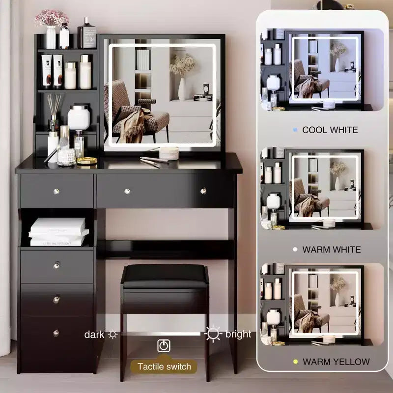 Coiffeuse de 37 pouces avec miroir et lumières, rangement organisé, tabouret assorti pour chambre à coucher, éclairage réglable (dimmable)