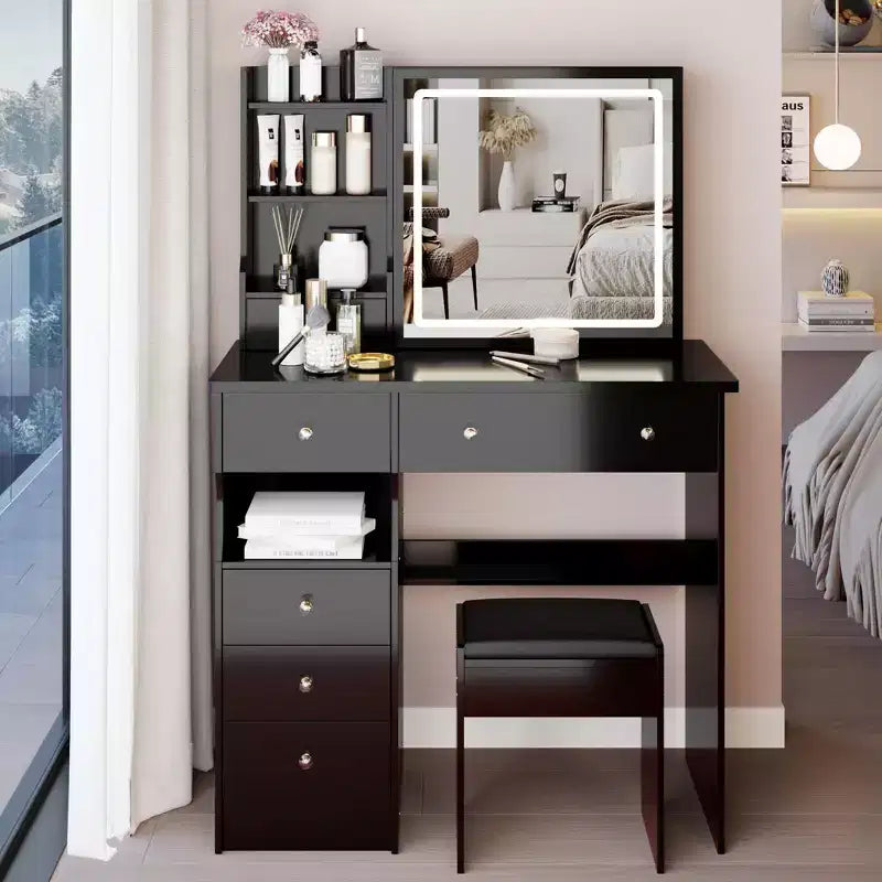 Coiffeuse de 37 pouces avec miroir et lumières, rangement organisé, tabouret assorti pour chambre à coucher, éclairage réglable (dimmable)