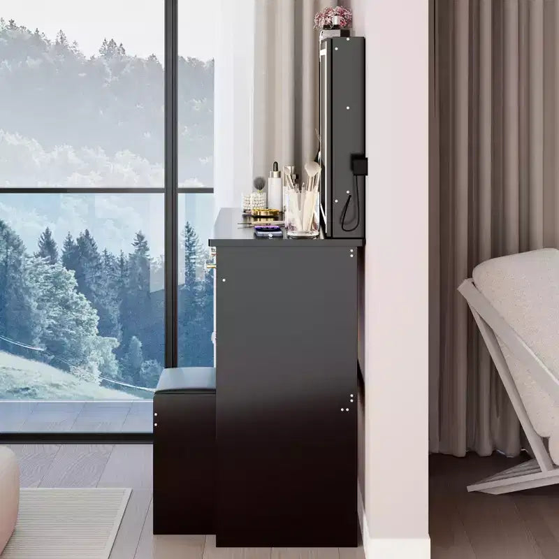 Coiffeuse de 37 pouces avec miroir et lumières, rangement organisé, tabouret assorti pour chambre à coucher, éclairage réglable (dimmable)