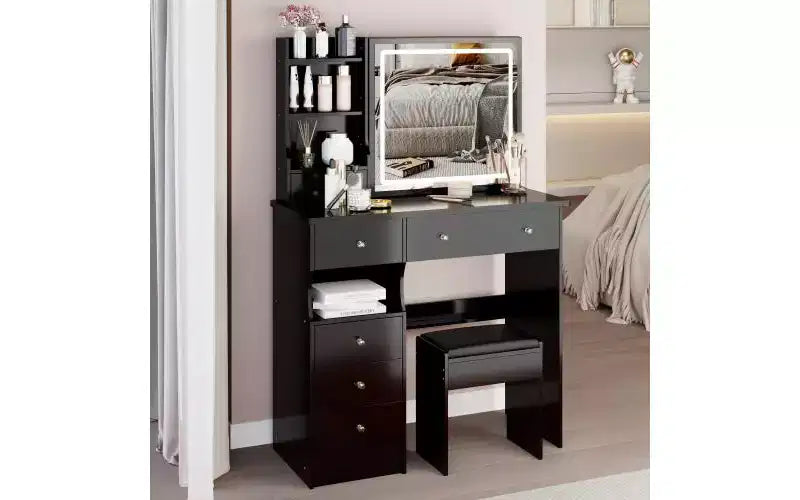 Coiffeuse de 37 pouces avec miroir et lumières, rangement organisé, tabouret assorti pour chambre à coucher, éclairage réglable (dimmable)
