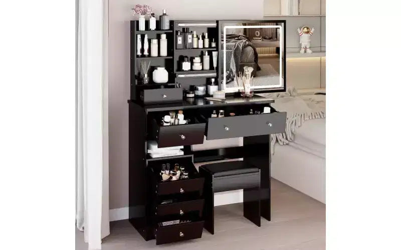 Coiffeuse de 37 pouces avec miroir et lumières, rangement organisé, tabouret assorti pour chambre à coucher, éclairage réglable (dimmable)