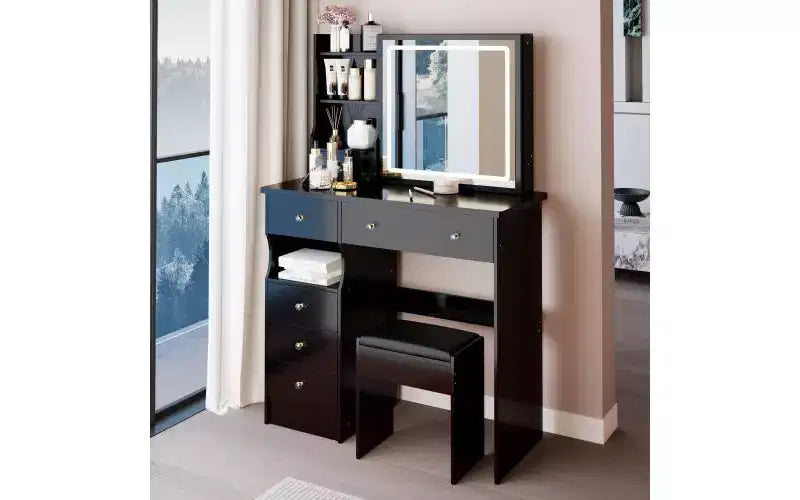 Coiffeuse de 37 pouces avec miroir et lumières, rangement organisé, tabouret assorti pour chambre à coucher, éclairage réglable (dimmable)