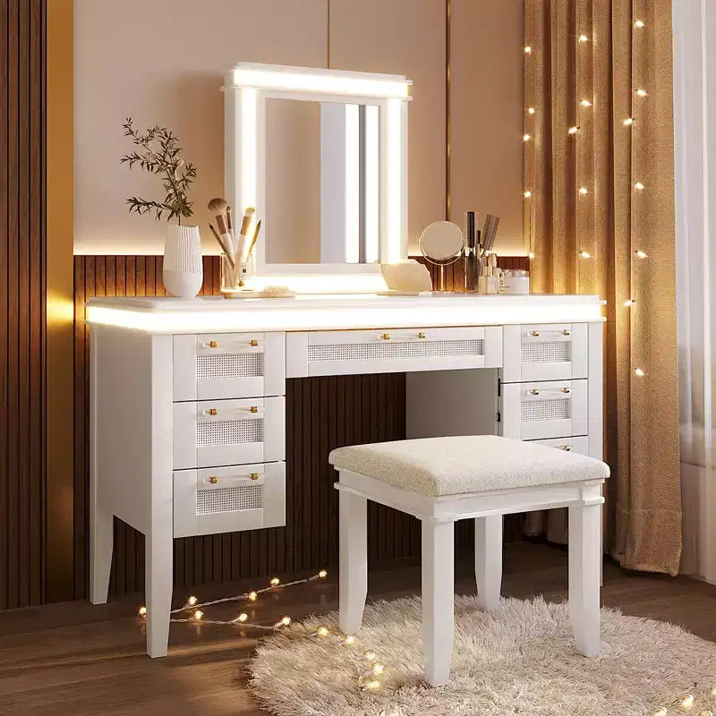 Coiffeuse de maquillage moderne de 122 cm avec miroir éclairé, 7 tiroirs, tabouret assorti pour chambre à coucher, finition beige clair