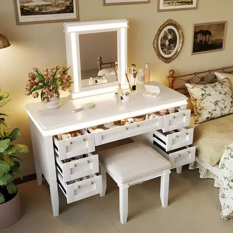 Coiffeuse de maquillage moderne de 122 cm avec miroir éclairé, 7 tiroirs, tabouret assorti pour chambre à coucher, finition beige clair