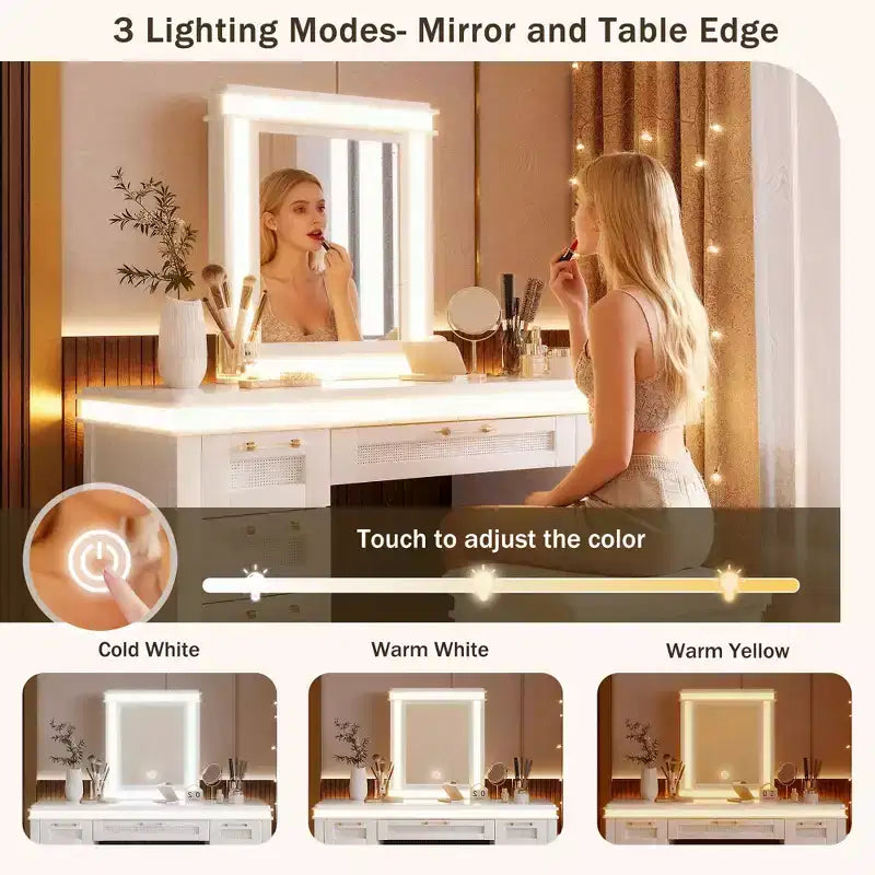 Coiffeuse de maquillage moderne de 122 cm avec miroir éclairé, 7 tiroirs, tabouret assorti pour chambre à coucher, finition beige clair