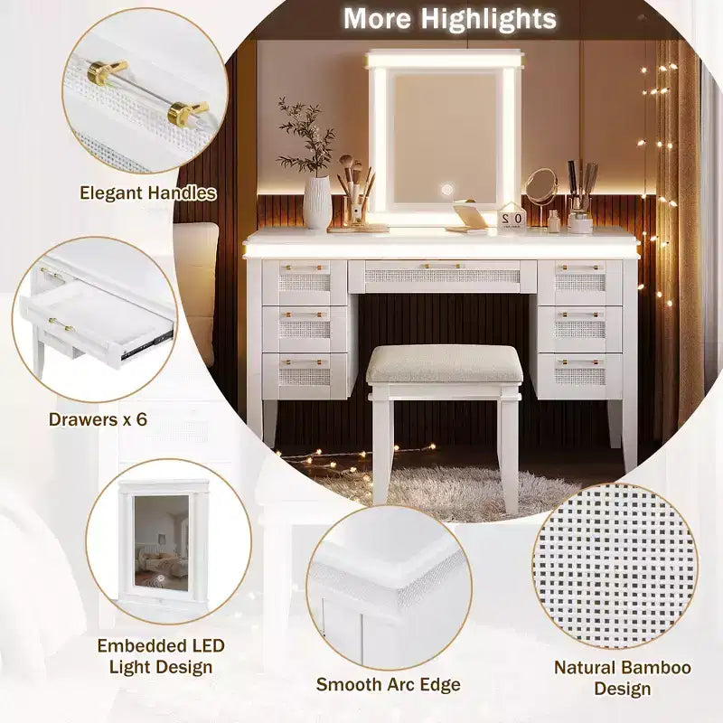 Coiffeuse de maquillage moderne de 122 cm avec miroir éclairé, 7 tiroirs, tabouret assorti pour chambre à coucher, finition beige clair