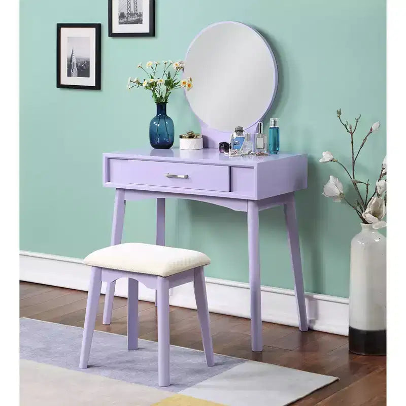 Coiffeuse moderne avec miroir rond, rangement organisé, tabouret assorti pour chambre, finition violette, design compact