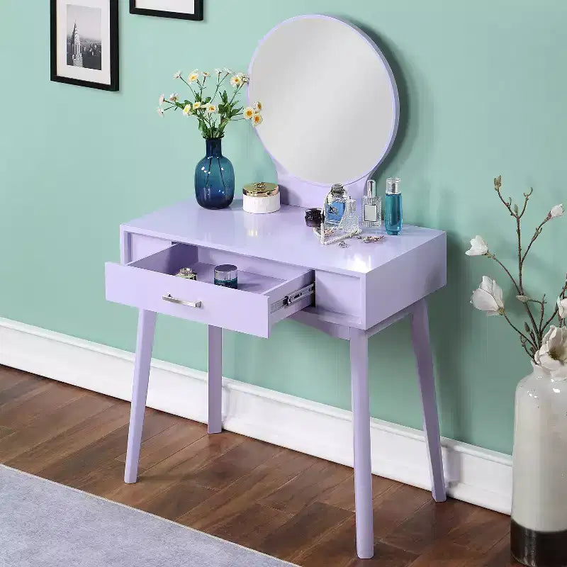 Coiffeuse moderne avec miroir rond, rangement organisé, tabouret assorti pour chambre, finition violette, design compact