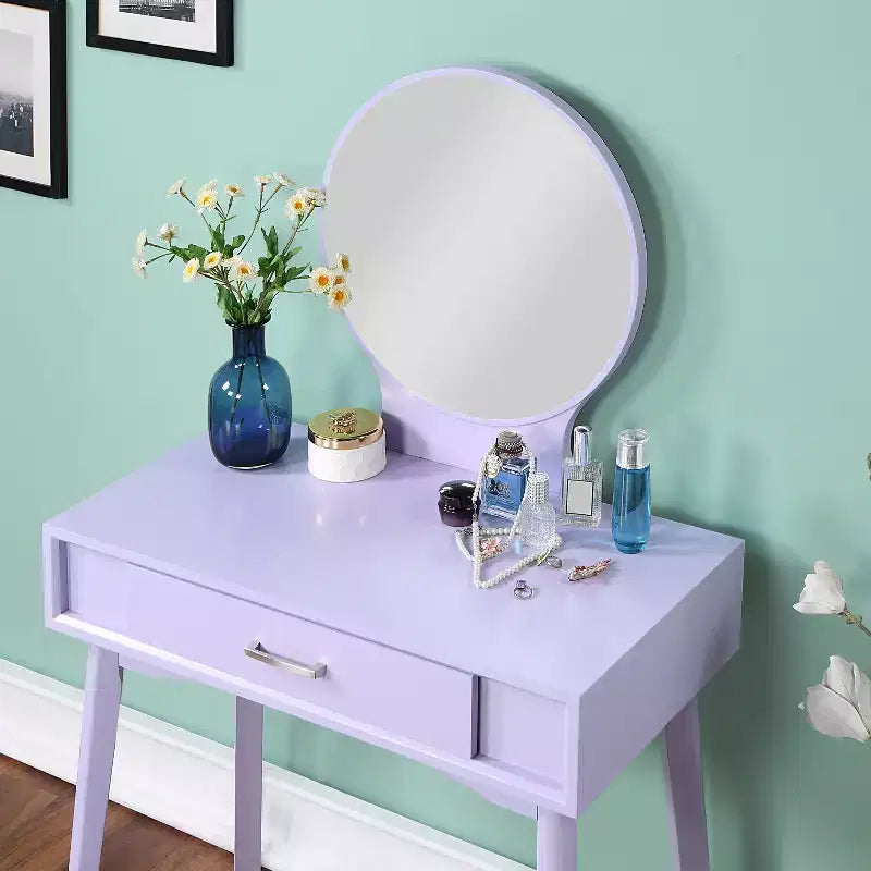 Coiffeuse moderne avec miroir rond, rangement organisé, tabouret assorti pour chambre, finition violette, design compact