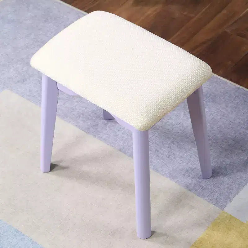 Coiffeuse moderne avec miroir rond, rangement organisé, tabouret assorti pour chambre, finition violette, design compact
