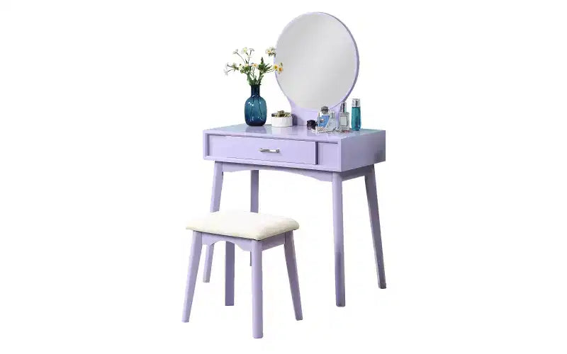 Coiffeuse moderne avec miroir rond, rangement organisé, tabouret assorti pour chambre, finition violette, design compact
