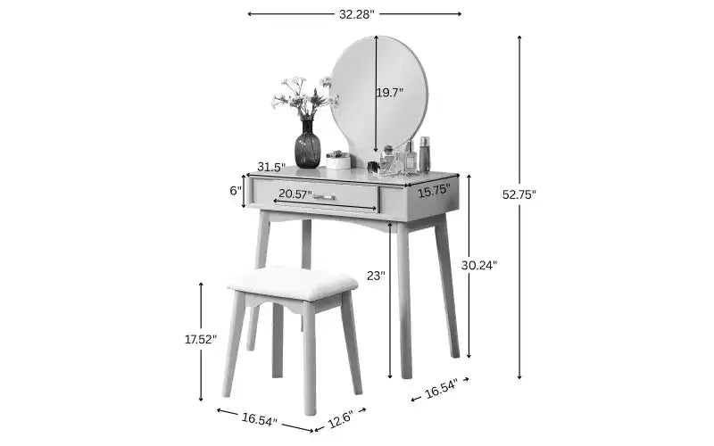 Coiffeuse moderne avec miroir rond, rangement organisé, tabouret assorti pour chambre, finition violette, design compact