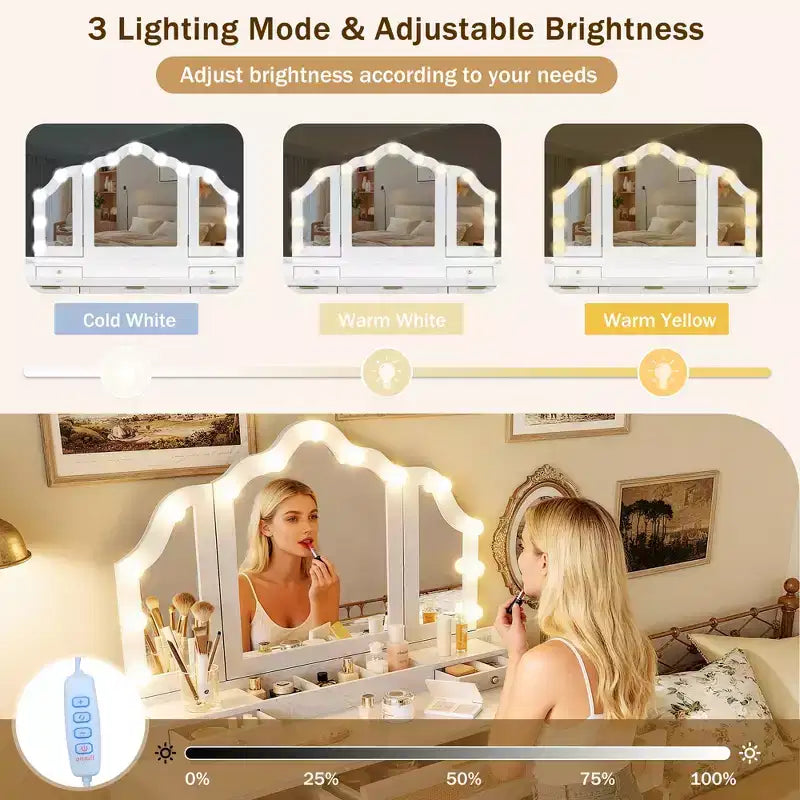 Coiffeuse moderne de 44,37 pouces avec miroir triptyque et lumières, 5 tiroirs et 2 placards, station de charge avec Type-C et étagères ouvertes pour chambre à coucher
