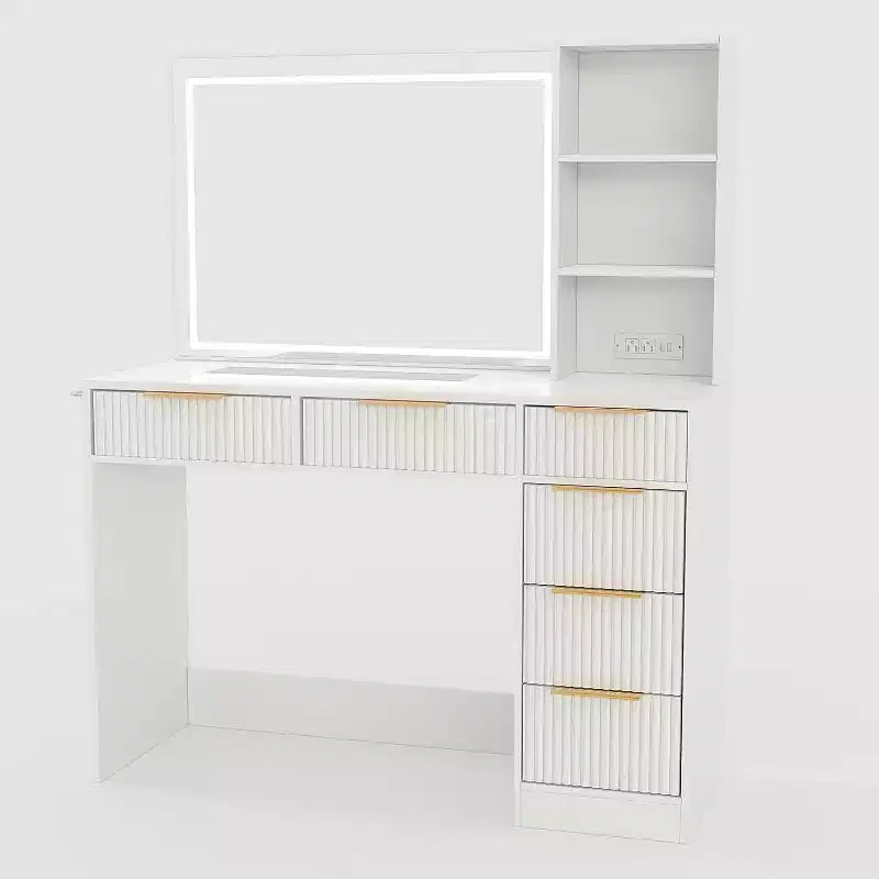 Coiffeuse texturée ondulée de 52 pouces avec miroir LED, prise de courant, 6 tiroirs, plateau en verre et rangement pour chambre à coucher et salon
