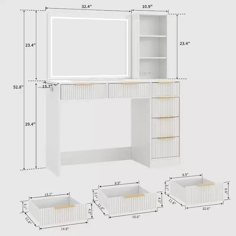 Coiffeuse texturée ondulée de 52 pouces avec miroir LED, prise de courant, 6 tiroirs, plateau en verre et rangement pour chambre à coucher et salon
