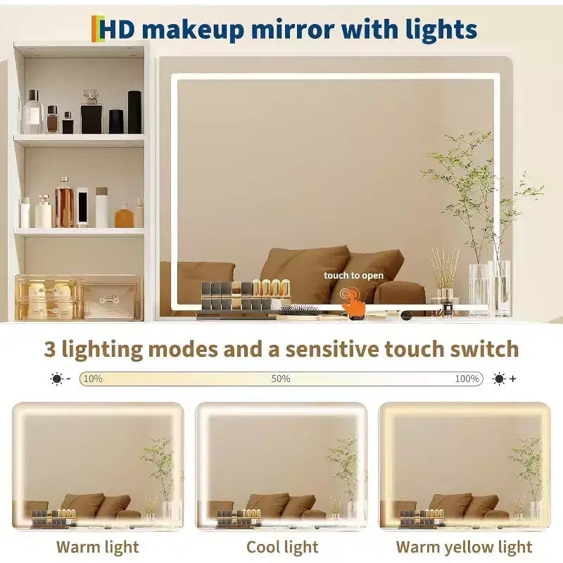 Coiffeuse texturée ondulée de 52 pouces avec miroir LED, prise de courant, 6 tiroirs, plateau en verre et rangement pour chambre à coucher et salon