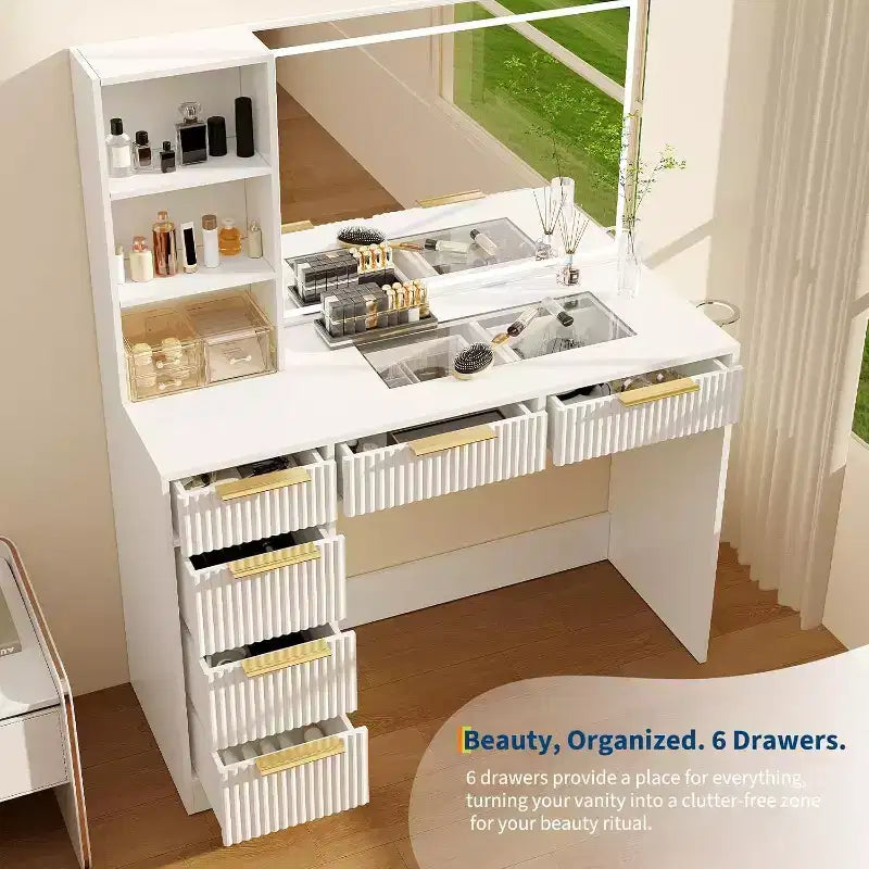 Coiffeuse texturée ondulée de 52 pouces avec miroir LED, prise de courant, 6 tiroirs, plateau en verre et rangement pour chambre à coucher et salon