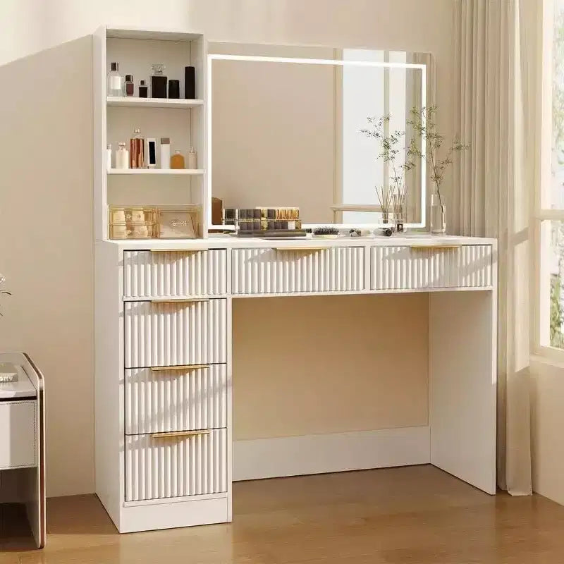 Coiffeuse texturée ondulée de 52 pouces avec miroir LED, prise de courant, 6 tiroirs, plateau en verre et rangement pour chambre à coucher et salon