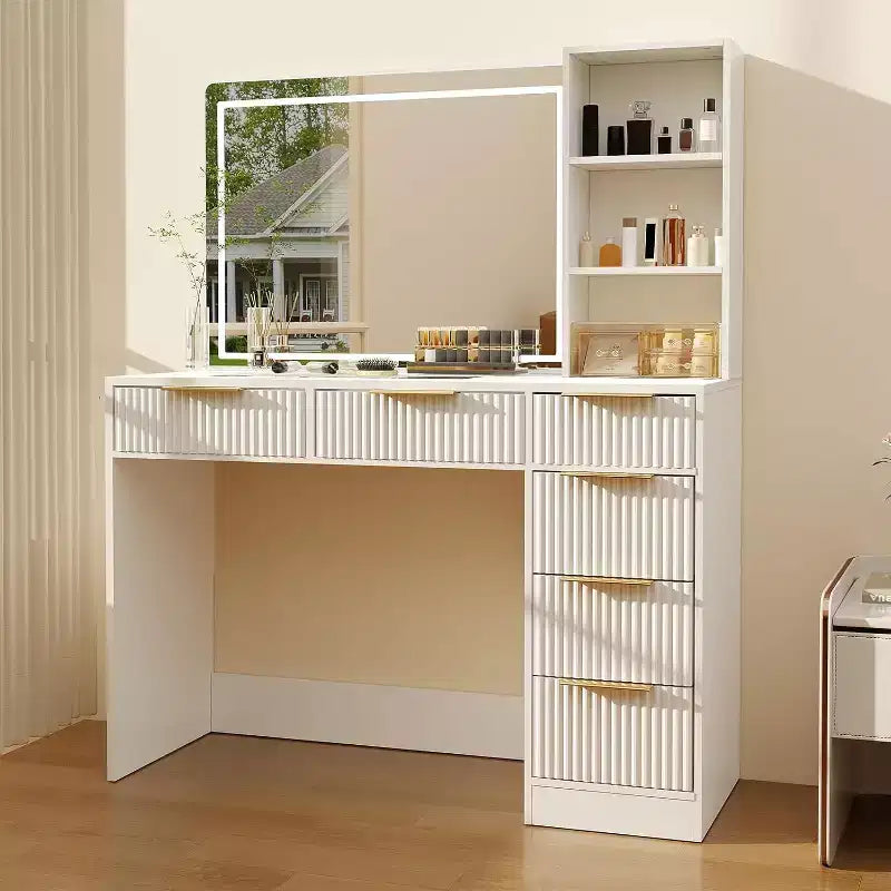 Coiffeuse texturée ondulée de 52 pouces avec miroir LED, prise de courant, 6 tiroirs, plateau en verre et rangement pour chambre à coucher et salon