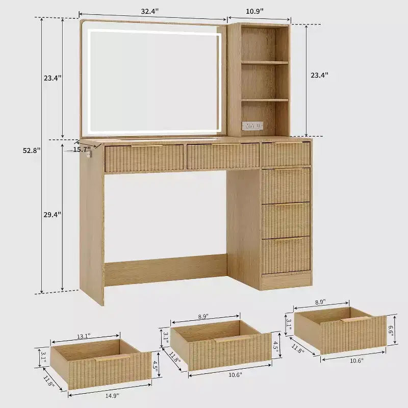 Coiffeuse texturée ondulée de 52 pouces avec miroir LED, prise de courant, 6 tiroirs, plateau en verre et rangement pour chambre à coucher et salon