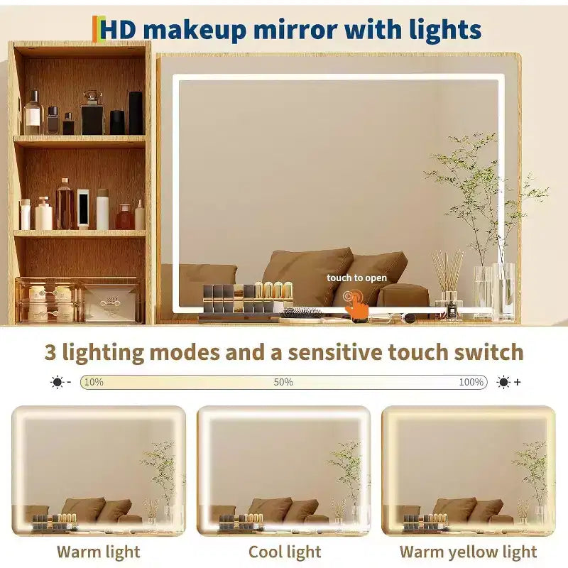 Coiffeuse texturée ondulée de 52 pouces avec miroir LED, prise de courant, 6 tiroirs, plateau en verre et rangement pour chambre à coucher et salon